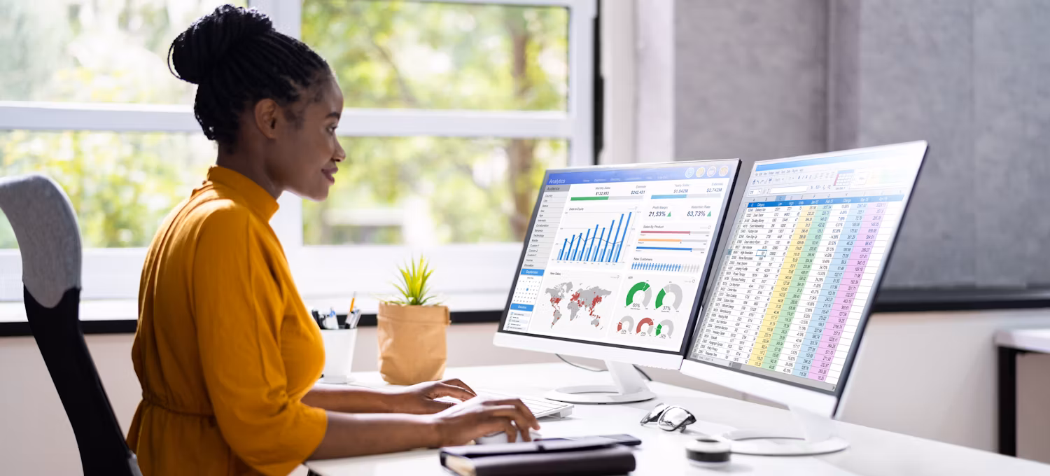 Analyst using SAS and Excel on dual monitors